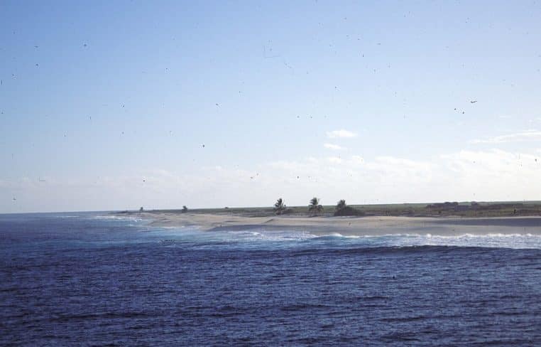 Zone d’accostage sur l’île Malden aux îles de la Ligne, eau turquoise et côte basse avec végétation clairsemée sous ciel dégagé.
