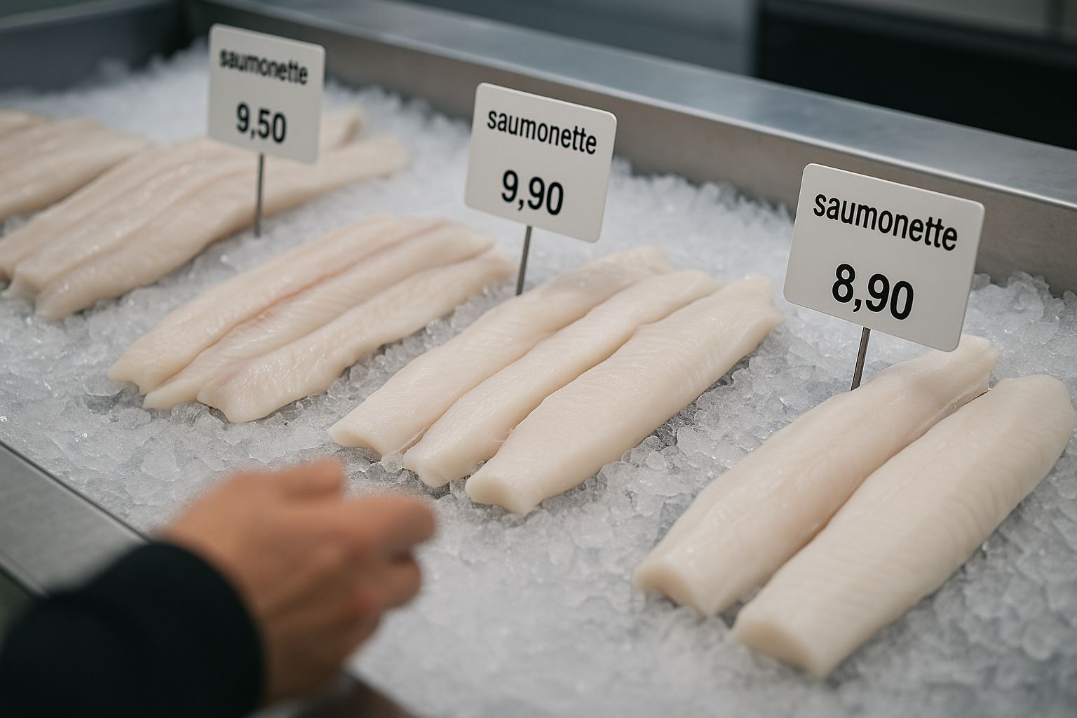 Comptoir de poissonnerie avec filets blancs étiquetés « saumonette » posés sur glace, main de client floue au premier plan.