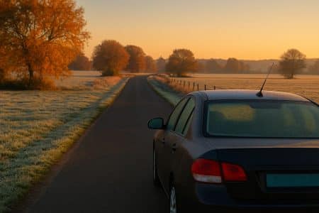 Route de campagne au lever du jour avec givre sur les champs et une voiture couverte de gel, sous un ciel doré d’automne