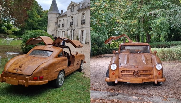 Mercedes SL 300 carrosserie en bois, par l'artiste Rémi Le Forestier