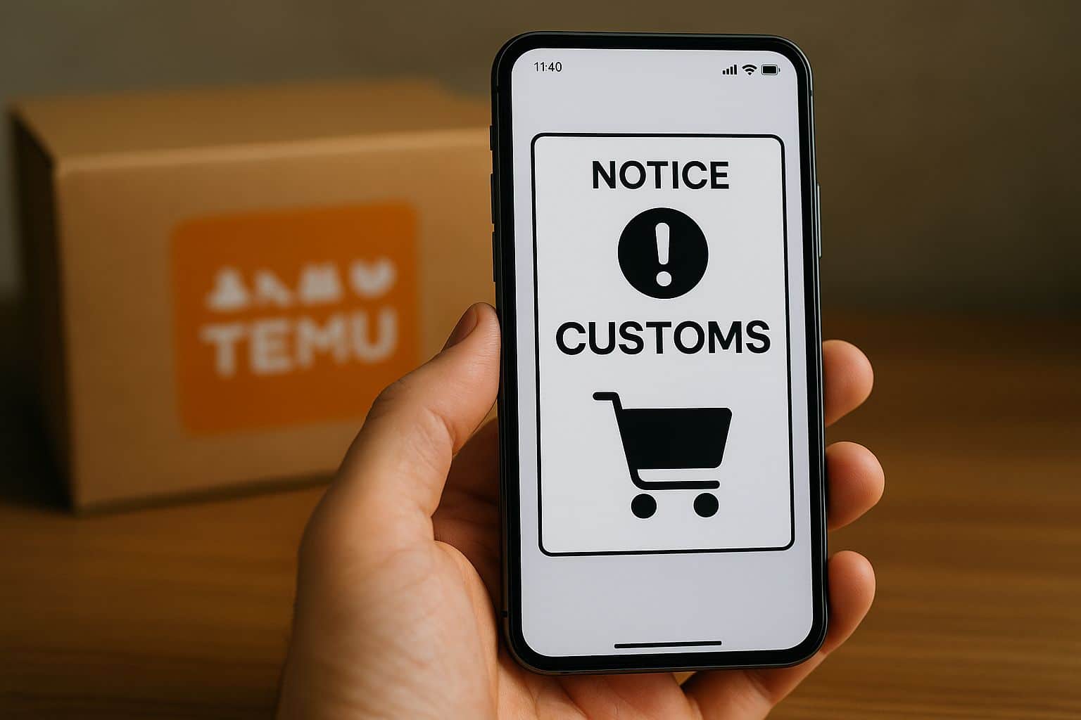 Notification « Customs » affichée sur un smartphone devant un colis Temu, posés sur une table en bois.