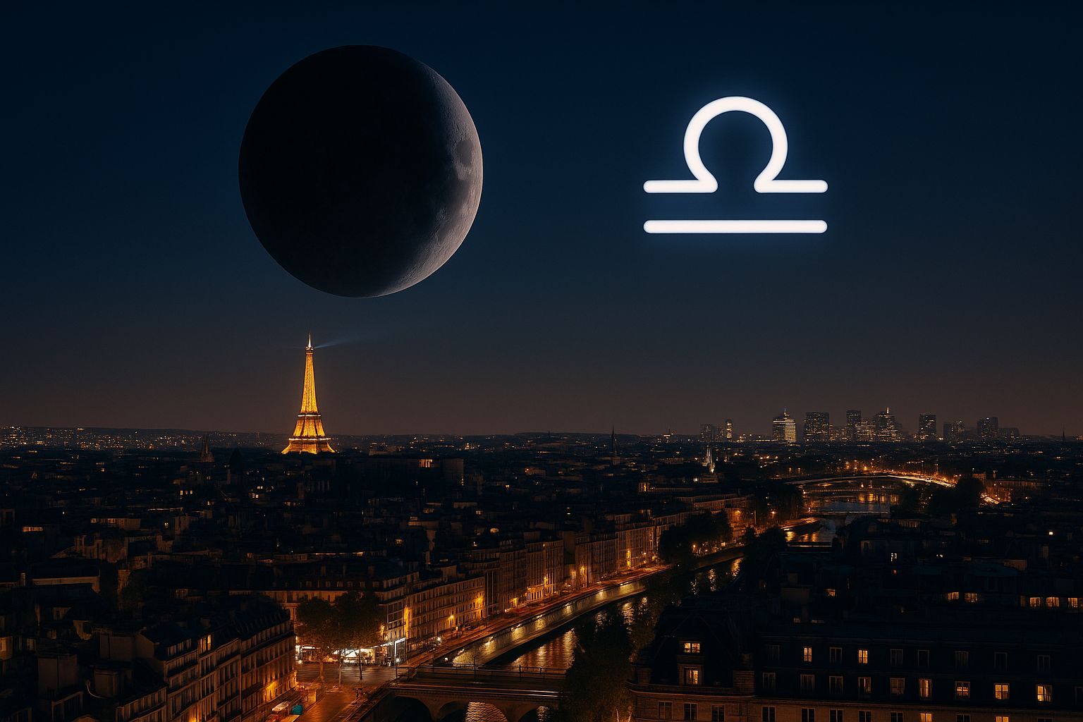 Nouvelle Lune en Balance au-dessus de Paris, quartier de la Tour Eiffel, sous un ciel nocturne bleu profond