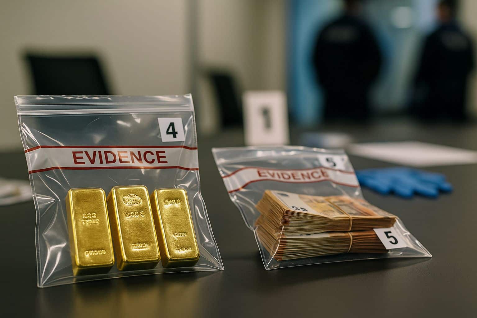 Lingots et billets sous scellés sur une table d’expertise, gants bleus et enquêteurs flous à l’arrière-plan