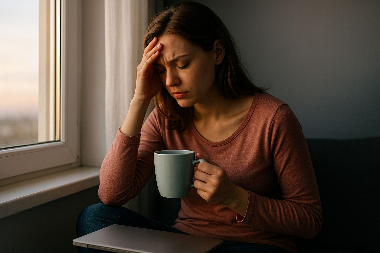Jeune femme hypersensible respirant profondément près d’une fenêtre, lumière du matin, ambiance apaisante.