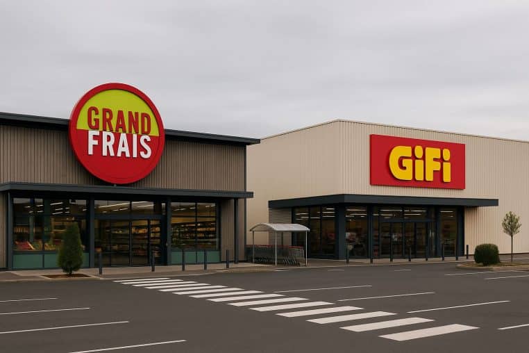 Façades côte à côte d’un supermarché de produits frais et d’un magasin de loisirs-déco type discount, sur un retail park français, un passage piéton au premier plan et un ciel gris.