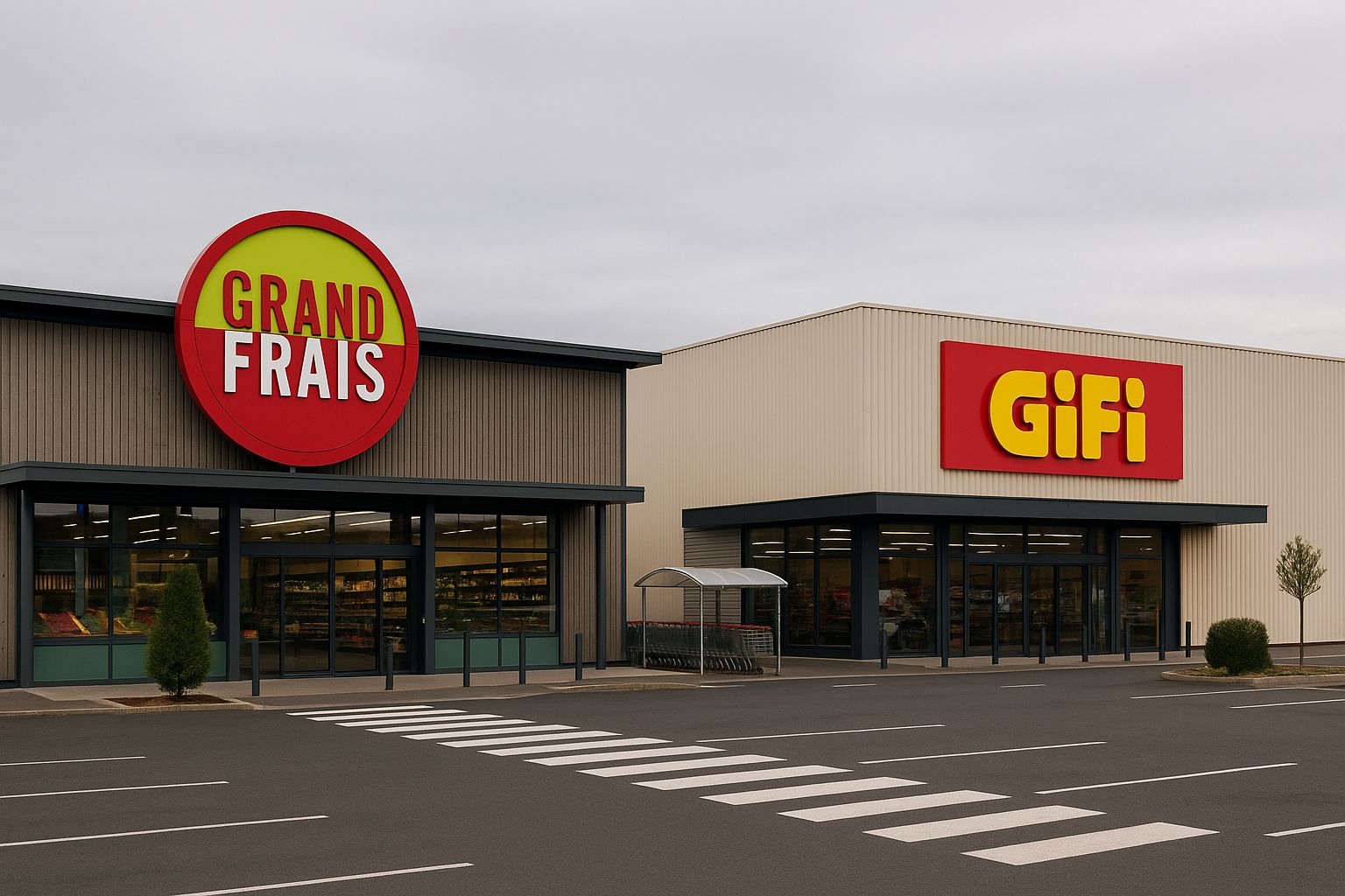 Façades côte à côte d’un supermarché de produits frais et d’un magasin de loisirs-déco type discount, sur un retail park français, un passage piéton au premier plan et un ciel gris.