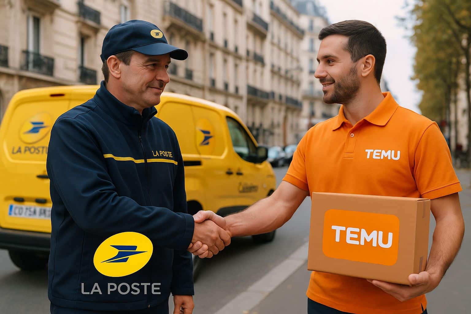 Poignée de main entre un livreur La Poste et un employé Temu devant un fourgon Colissimo, symbolisant un partenariat logistique à Paris.