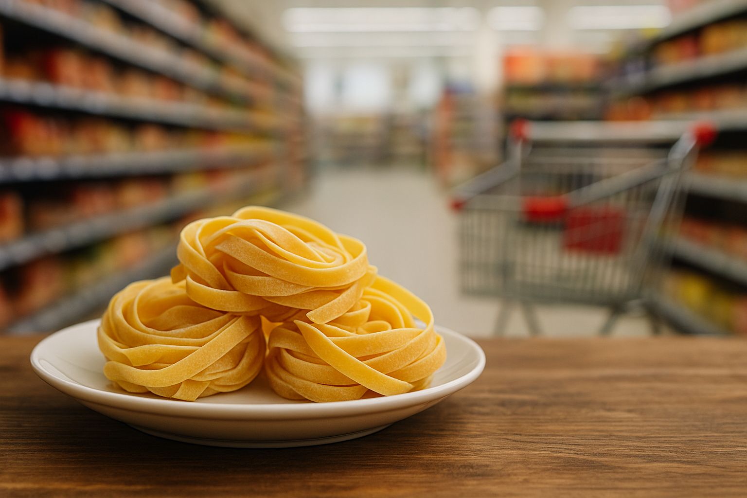 Assiette de tagliatelles crues posée sur une table en bois, avec un caddie flou et des rayons de supermarché en arrière-plan.