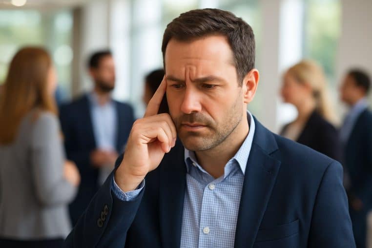 Homme en costume, concentré, tentant de se souvenir d’un prénom lors d’un événement professionnel.