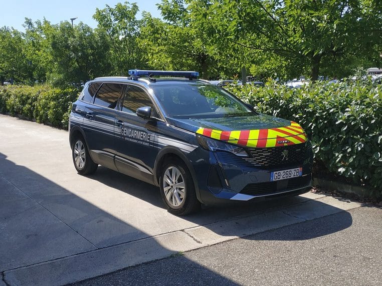Peugeot 5008 de la Gendarmerie nationale stationné lors d’un contrôle, ciel couvert et environnement autoroutier.