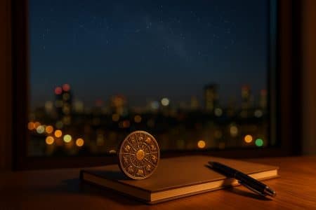 Vue nocturne depuis un appartement, pièce de laiton gravée des signes du zodiaque posée sur un carnet, ville floue et ciel étoilé en arrière-plan