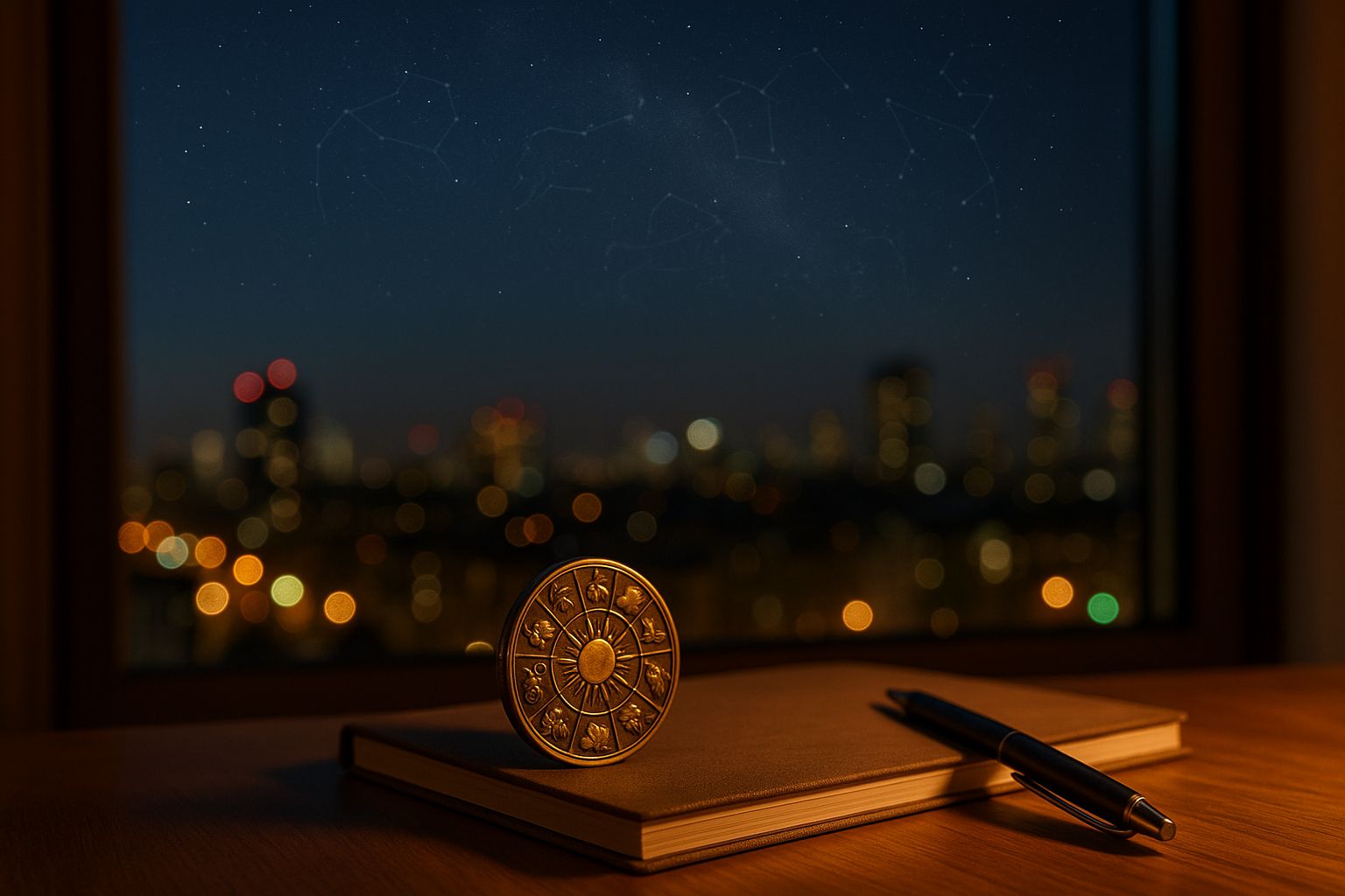 Vue nocturne depuis un appartement, pièce de laiton gravée des signes du zodiaque posée sur un carnet, ville floue et ciel étoilé en arrière-plan