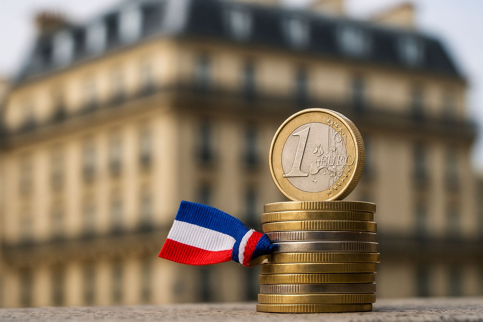 Pile de pièces en euros nouée d’un ruban tricolore, avec un immeuble haussmannien flou en arrière-plan.