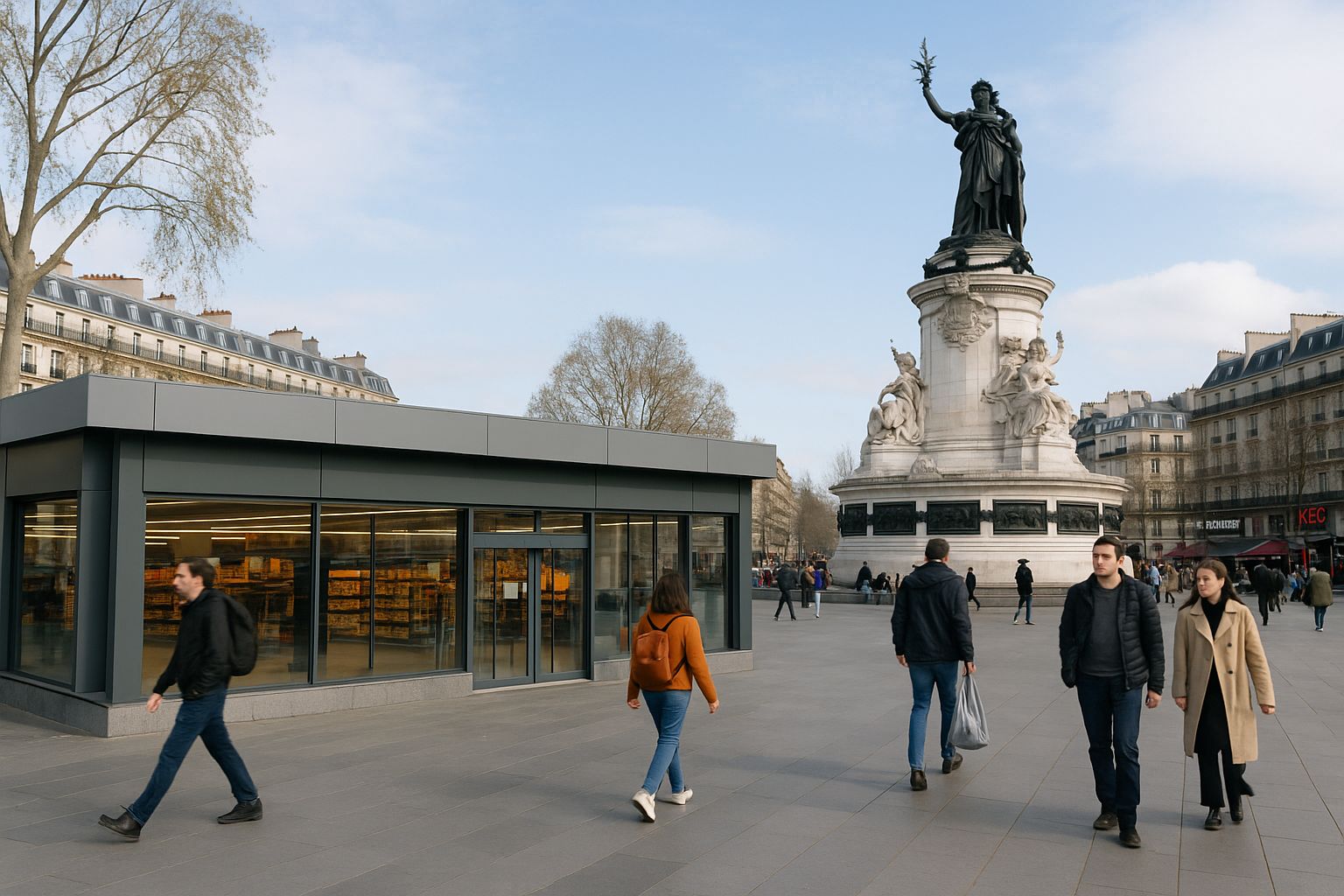 Place de la République à Paris, piétons et statue de Marianne au premier plan, entrée vitrée d’un supermarché discount sur la place, enseignes de fast-food visibles en arrière-plan.