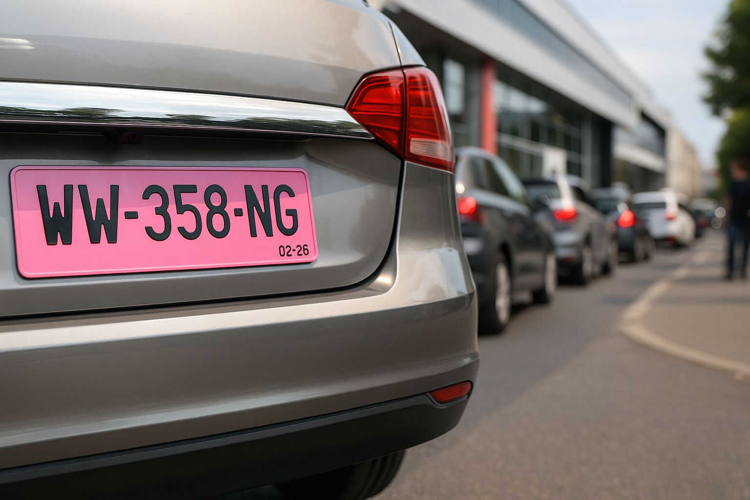 Plaque provisoire WW rose sur le pare-chocs d’une voiture neuve, nette au premier plan devant une concession.