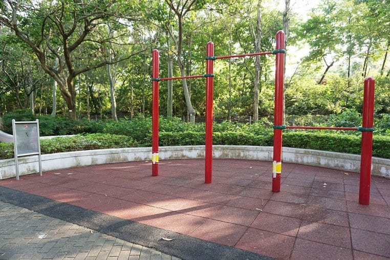 Station de fitness pour seniors en plein air, équipements adaptés pour entretenir la force et l’équilibre.