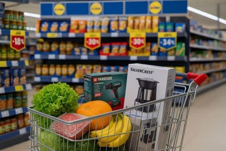 chariot rempli de produits en promo dans une allée de supermarché, avec appareil Silvercrest et outil Parkside au premier plan