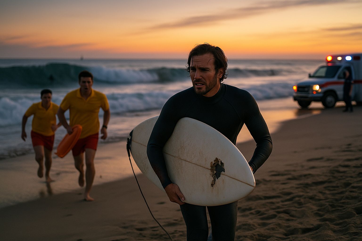 Surfeur blessé regagnant la plage au crépuscule, tenant une planche mordue, des sauveteurs accourent derrière lui, ambulance en arrière-plan.