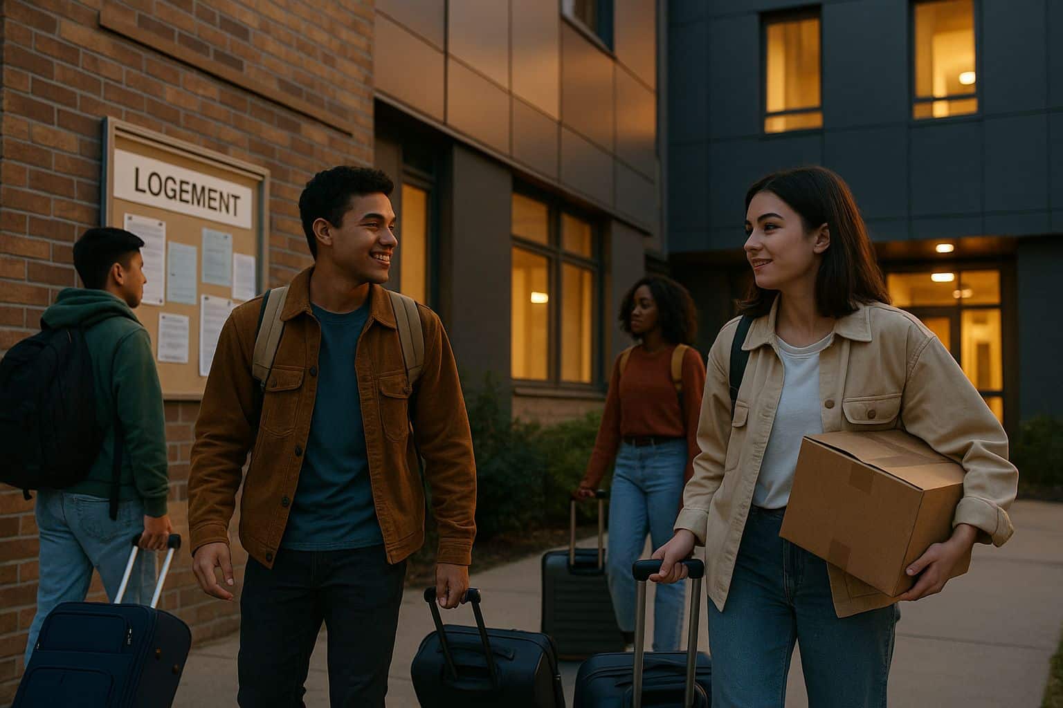 Groupe d’étudiants devant une résidence universitaire, valises et carton à la main, panneau « logement » en arrière-plan, fin de journée.