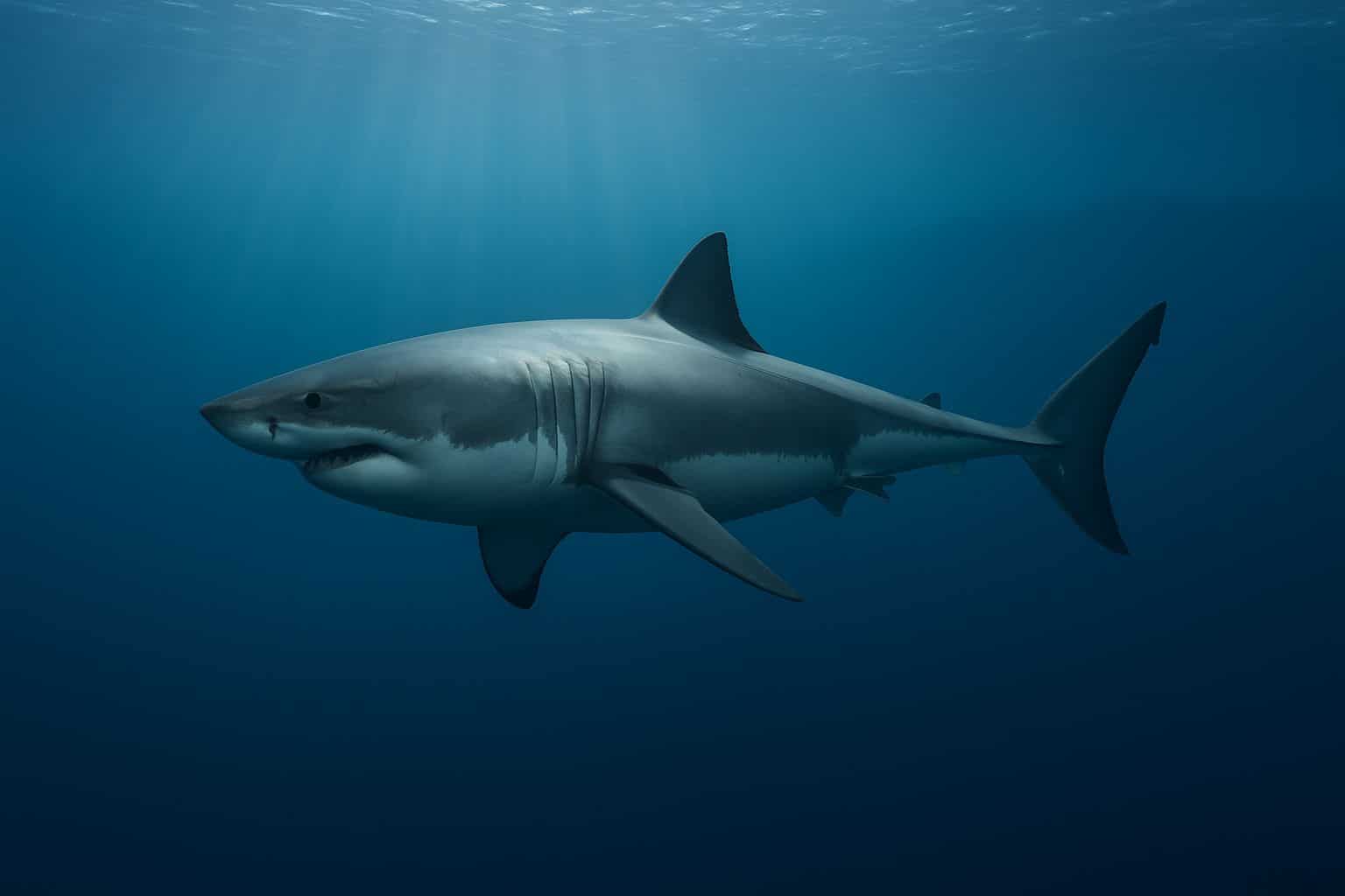 Grand requin blanc en pleine nage dans les eaux froides du golfe du Saint-Laurent, éclairé par des rais de lumière sous-marine, profil latéral net.