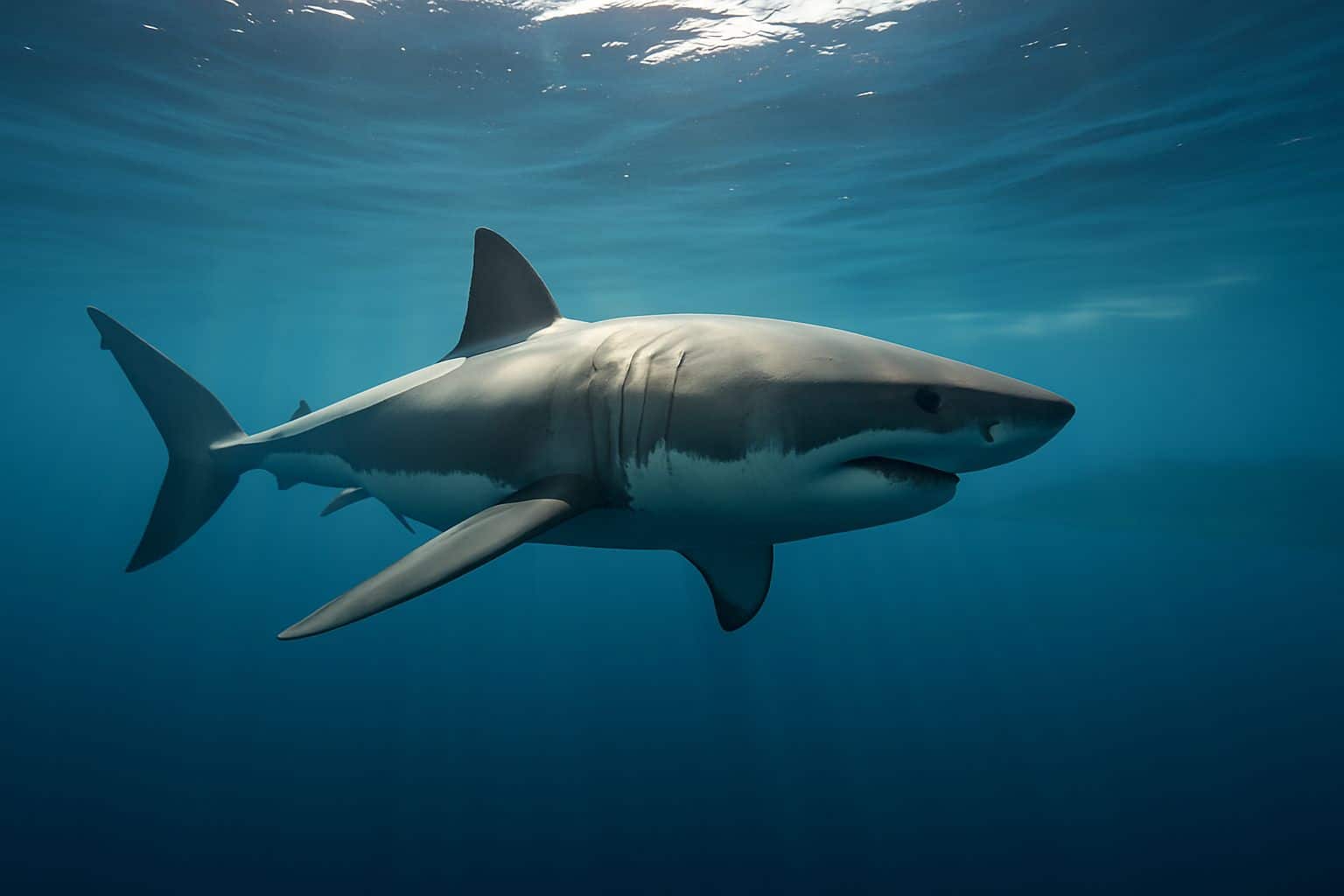 Grand requin blanc nageant juste sous la surface dans l’Atlantique Nord, rayons de soleil et côte lointaine floutée.