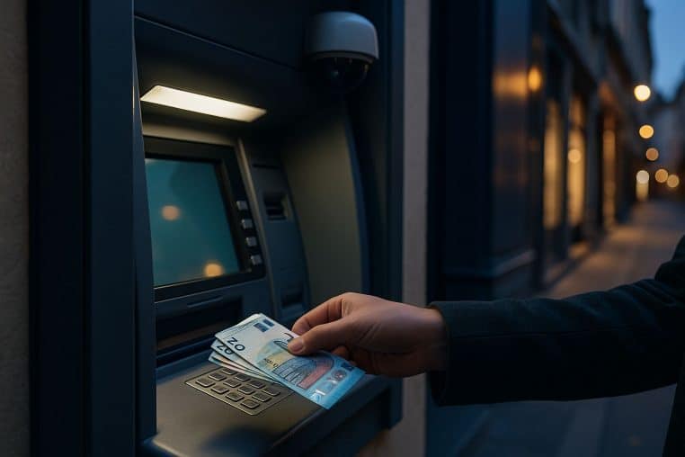Retrait de billets en euros à un distributeur automatique au crépuscule, rue commerçante légèrement floue en arrière-plan.