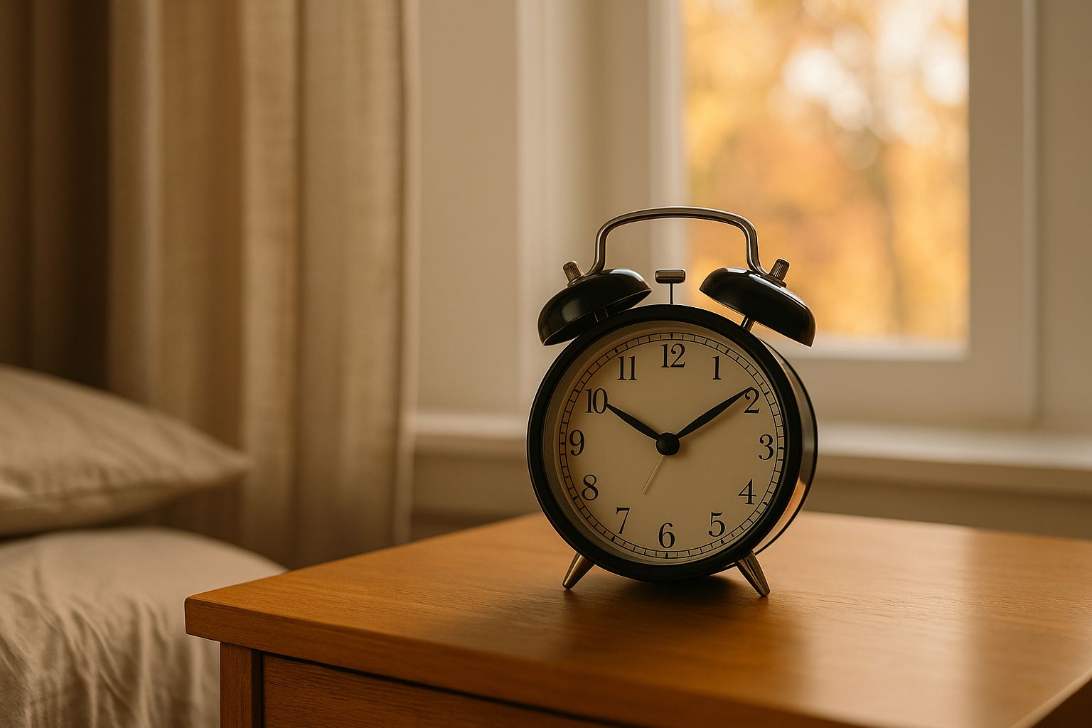 Réveil analogique noir posé sur une table de chevet, lumière douce d’automne entrant par la fenêtre, ambiance matinale chaleureuse.