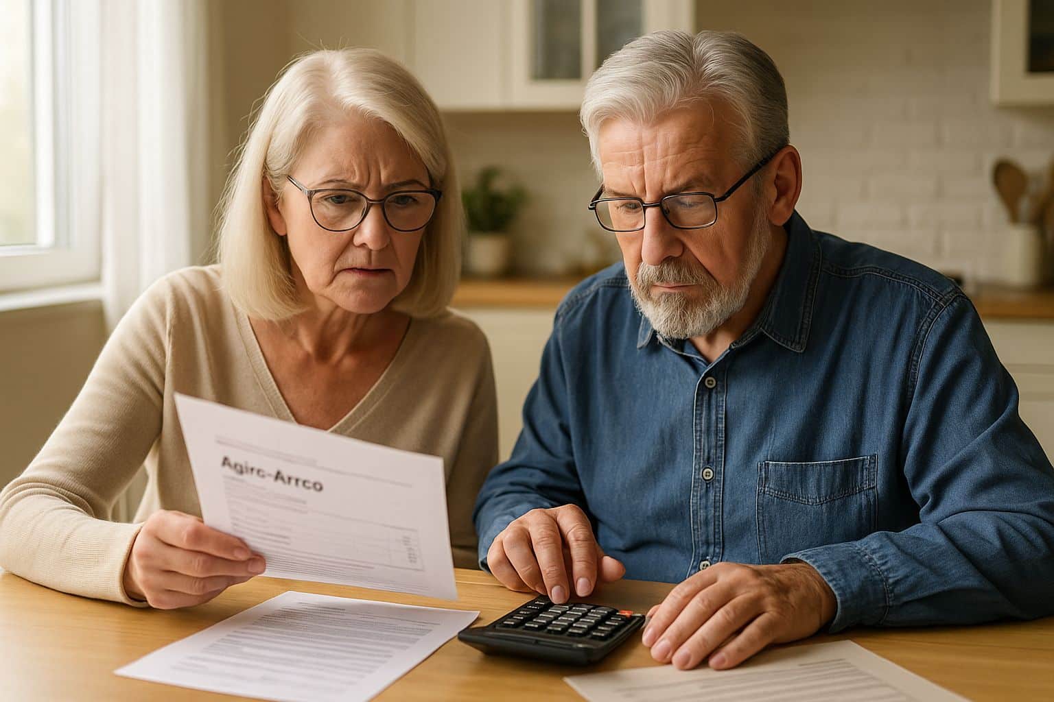 Couple de retraités à leur table de cuisine, concentrés sur un relevé Agirc-Arrco pendant que l’homme utilise une calculatrice, en lumière du matin.