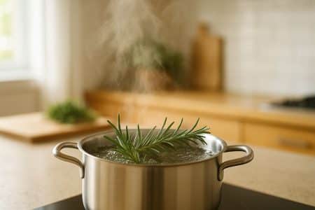 Casserole en inox sur une plaque, eau frémissante avec brins de romarin, vapeur visible dans une cuisine ensoleillée.