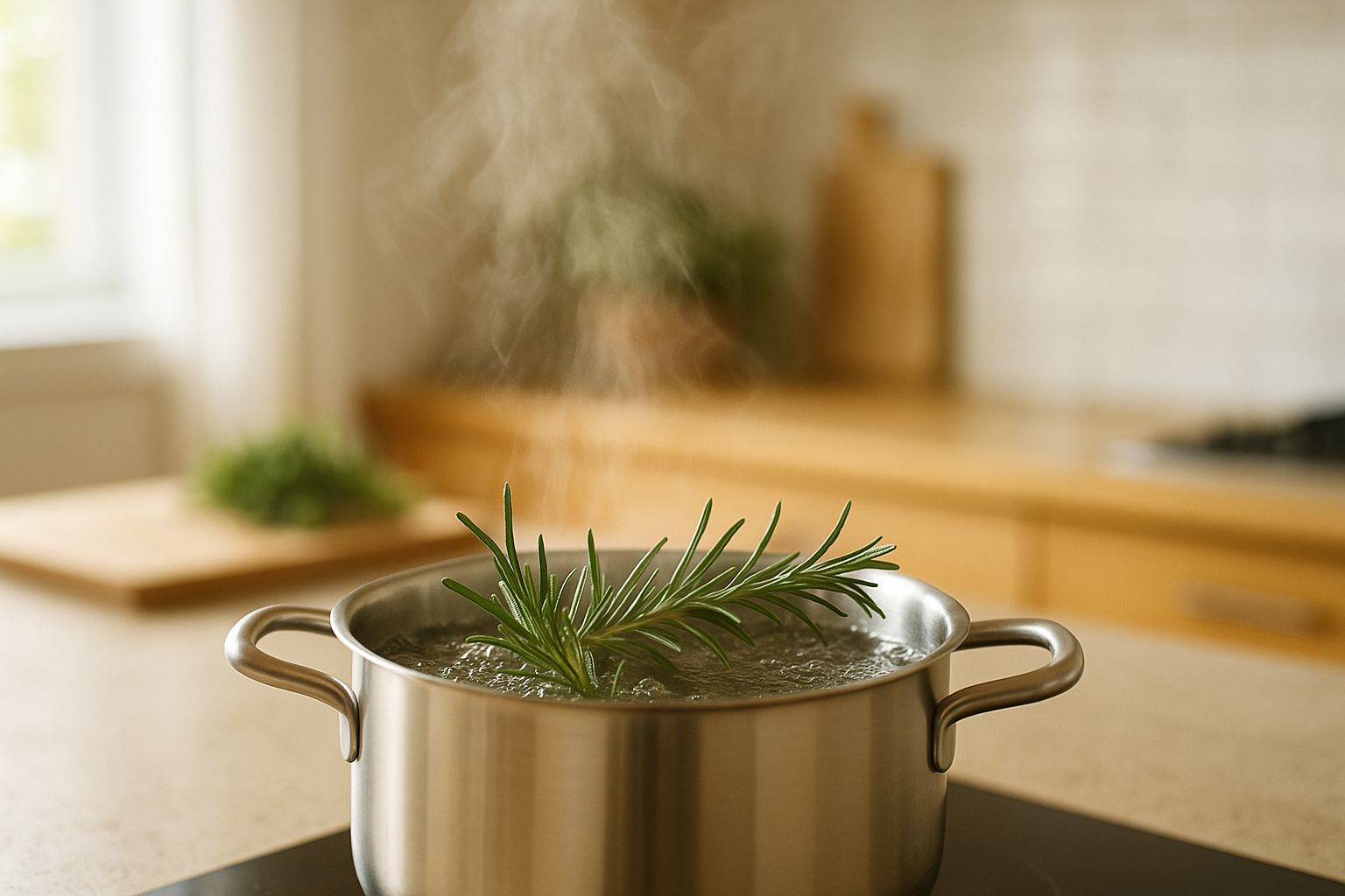 Casserole en inox sur une plaque, eau frémissante avec brins de romarin, vapeur visible dans une cuisine ensoleillée.