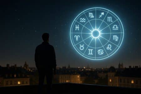 Silhouette observant une roue du zodiaque lumineuse dans le ciel nocturne au-dessus d’une ville européenne