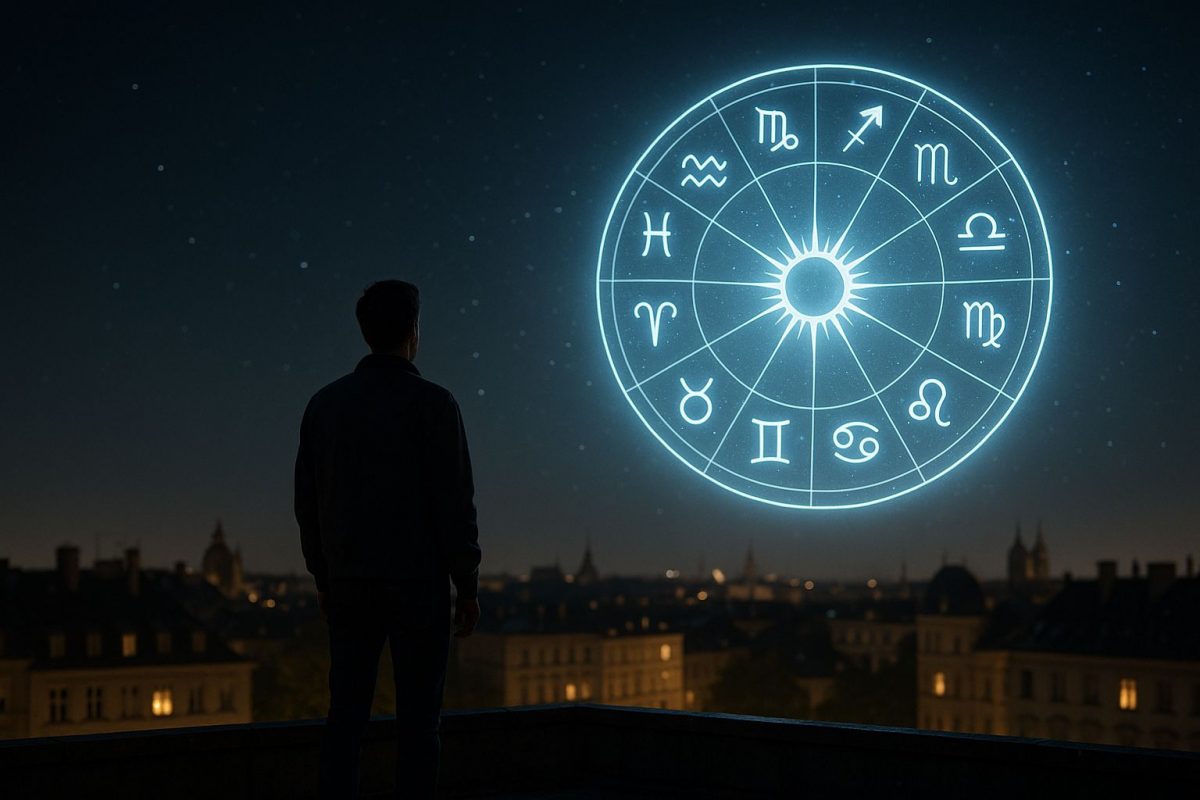 Silhouette observant une roue du zodiaque lumineuse dans le ciel nocturne au-dessus d’une ville européenne