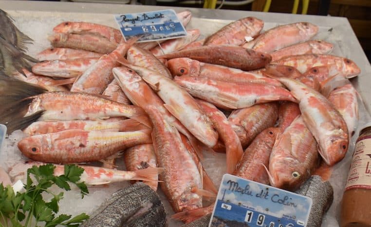 Rougets sur glace au marché, étiquettes visibles.
