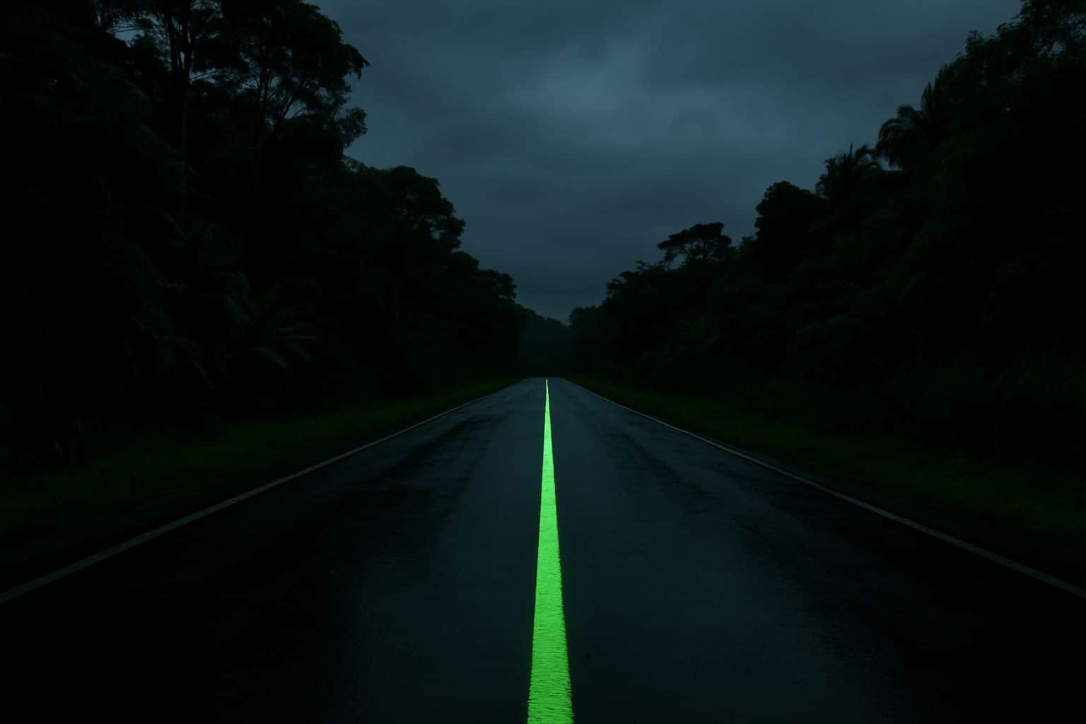 Route rurale de Malaisie de nuit, chaussée mouillée, bordée de jungle, avec une ligne centrale photoluminescente verte qui brille faiblement sous un ciel couvert.