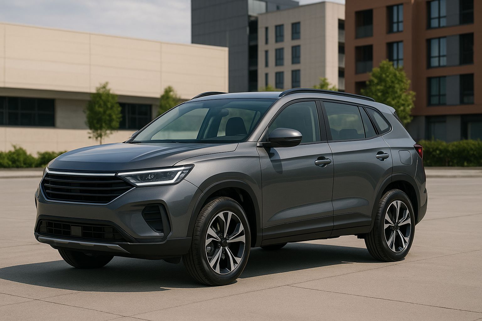 SUV compact gris stationné sur une esplanade moderne à Barcelone, lumière de fin de journée, trois-quarts avant.