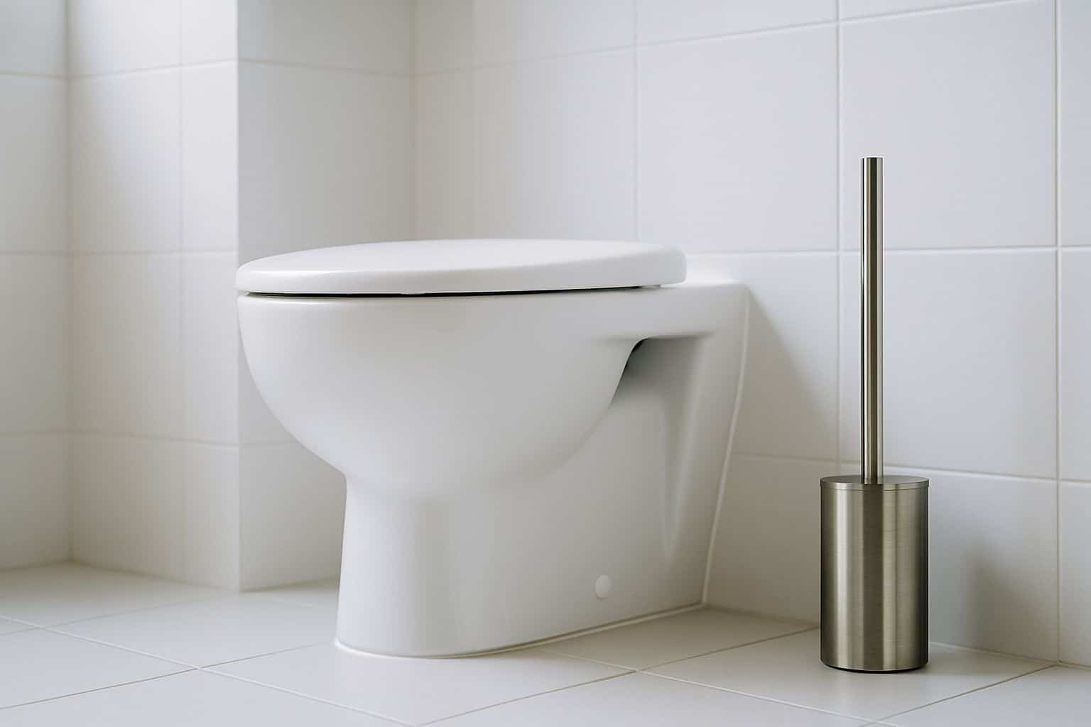 Brosse de WC en acier brossé dans son support, à côté d’une cuvette blanche fermée, carrelage blanc mat et lumière naturelle latérale.
