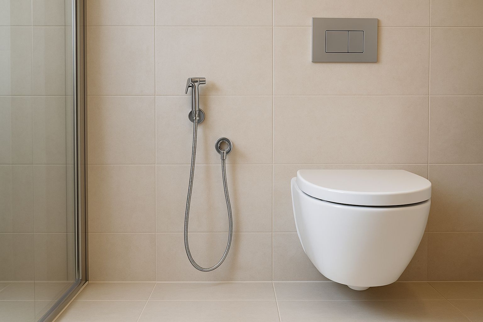 Salle de bains contemporaine avec WC suspendu et douchette hygiénique chromée fixée au mur, carrelage beige et lumière naturelle douce.