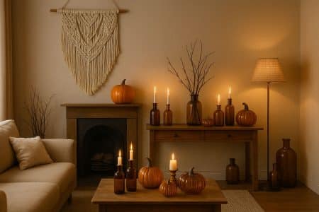 Salon d’inspiration boho pour Halloween, avec macramé mural, bouteilles en verre ambré, citrouilles en verre et bougies chaleureuses.