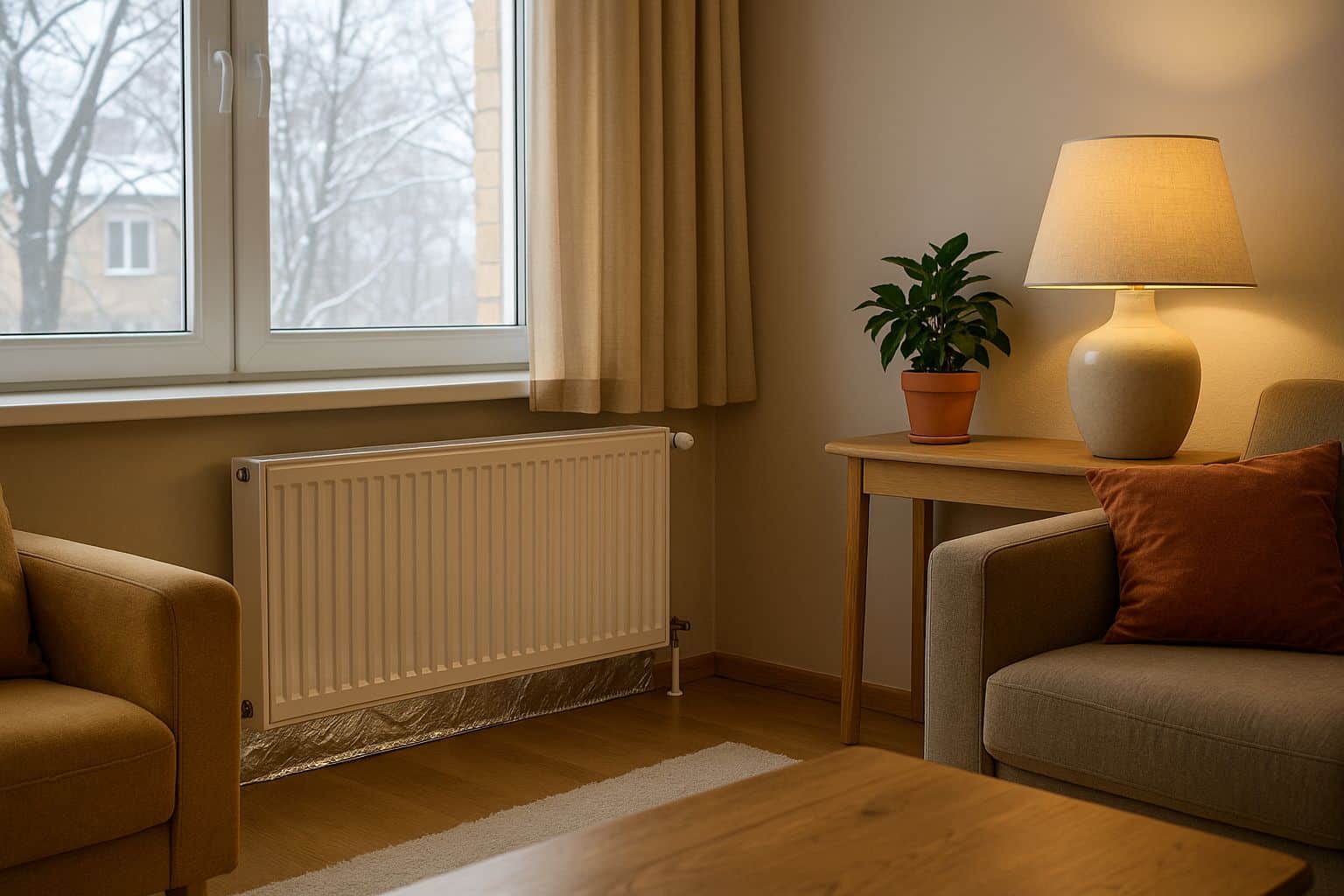Radiateur sous une fenêtre avec film réfléchissant discret, salon chaleureux en hiver