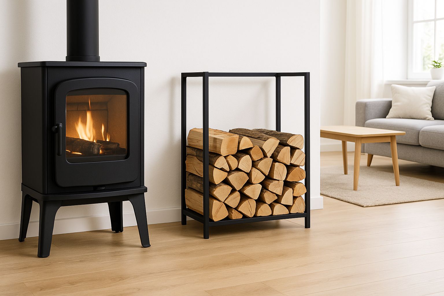Étagère à bûches métallique noire posée près d’un poêle à bois, bûches claires bien rangées dans un salon scandinave lumineux