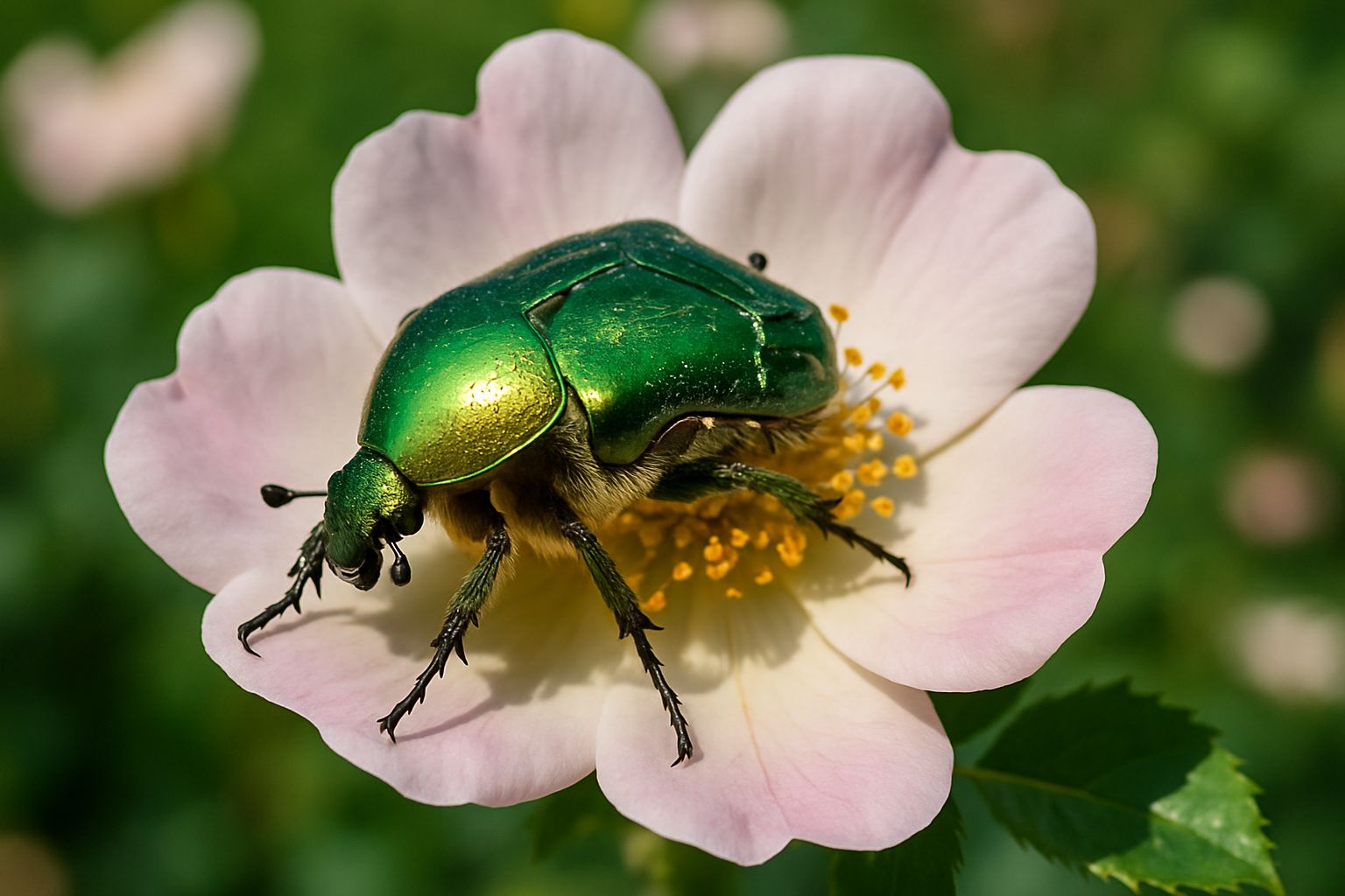 Cétoine dorée posée sur une églantine, carapace vert métal étincelante dans un jardin estival.