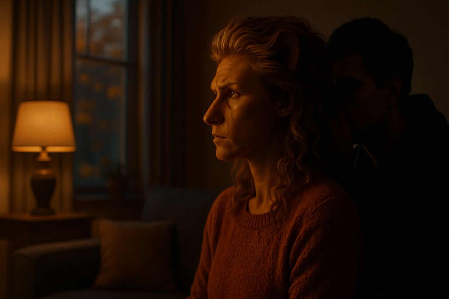 Portrait réaliste, lumière du soir : une personne de profil, chevelure évoquant une crinière, écoute au loin un proche dissimulé dans l’ombre, ambiance de méfiance