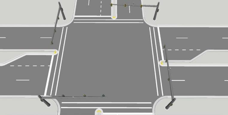 Plan large d’une intersection urbaine équipée d’un feu intelligent avec caméras et capteurs, illustrant une signalisation prête pour les véhicules autonomes.