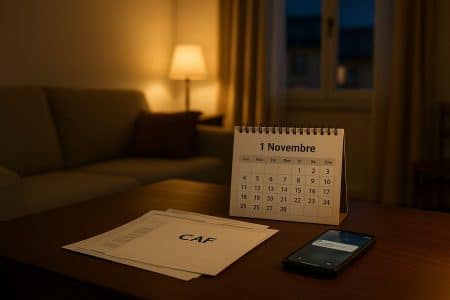 Table de salon avec documents CAF, calendrier ouvert au 1er novembre et smartphone affichant une alerte bancaire, dans un appartement en soirée