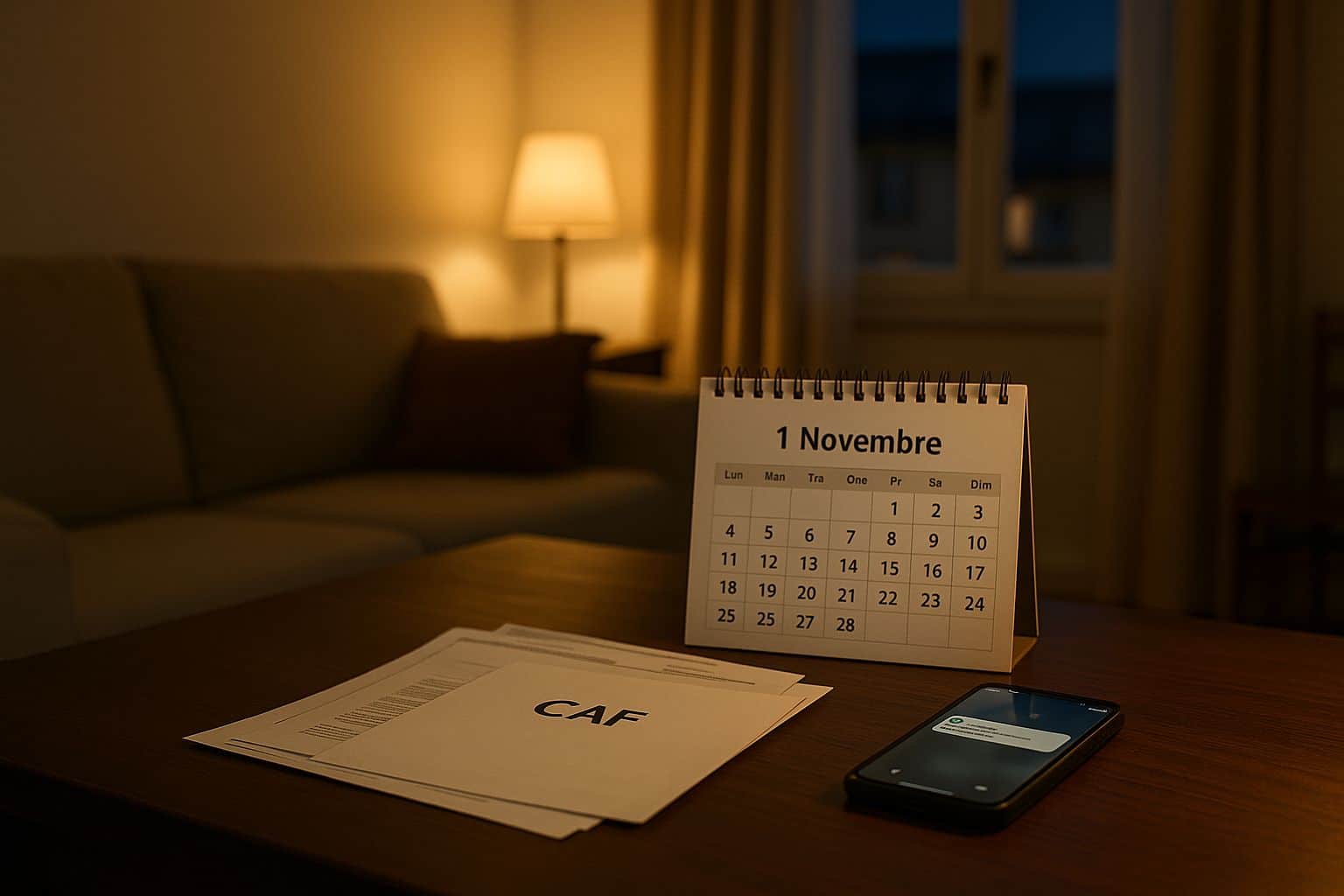 Table de salon avec documents CAF, calendrier ouvert au 1er novembre et smartphone affichant une alerte bancaire, dans un appartement en soirée