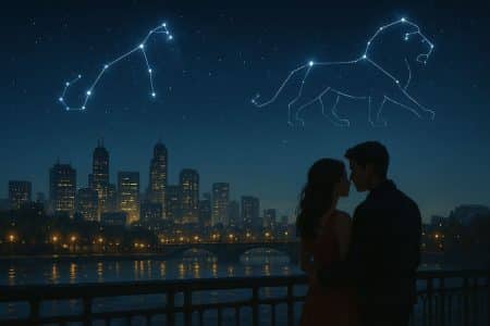 Nuit romantique sur un pont, couple enlacé, constellations du Scorpion et du Lion scintillant au-dessus de la ville