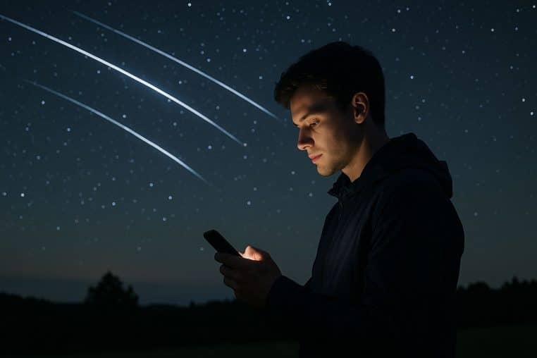 Jeune homme consultant son smartphone sous un ciel étoilé traversé par des traînées de satellites, évoquant une connexion Starlink en zone blanche.