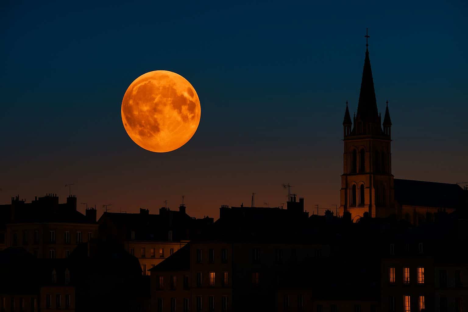 Superlune orangée se levant au-dessus des toits d’une ville européenne au crépuscule, avec un clocher gothique sur la droite.
