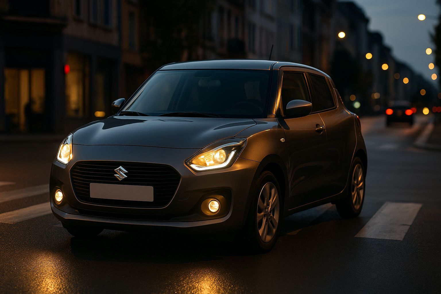 Citadine japonaise grise roulant au crépuscule en ville, vue trois-quarts avant, phares allumés sur chaussée humide.