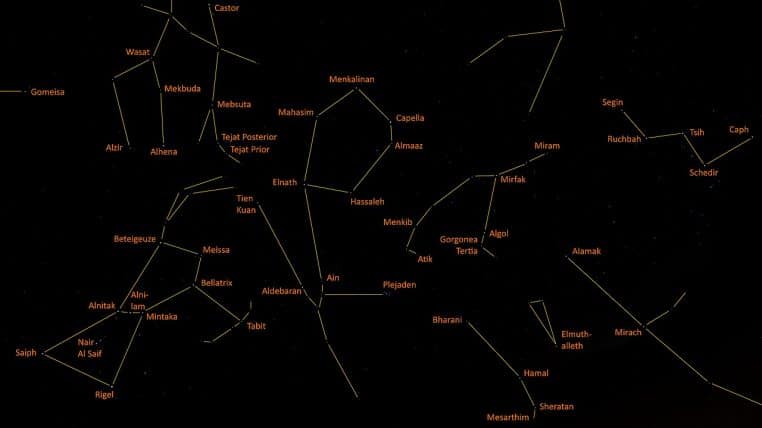 Carte photo annotée de la région d’Orion à Cassiopée, incluant la zone d’Ariete, utile pour contextualiser un horoscope lié aux mouvements planétaires.